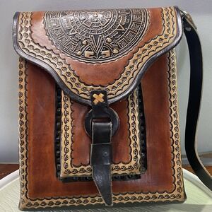 Vintage SERGIOS Collection Hand Tooled Natural Leather Handbag Purse Laptop Wine